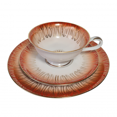 Чайное трио винтажное Hutschenreuther Arzberg Bavaria в бело-оранжевых тонах с золотым декором, фарфор, Германия, 1970-80гг.