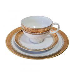 Чайное трио винтажное Kahla GDR с бронзово-золотым узором, фарфор, ГДР, 1960-70гг.