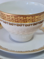 Чайное трио винтажное Kahla GDR с бронзово-золотым узором, фарфор, ГДР, 1960-70гг.