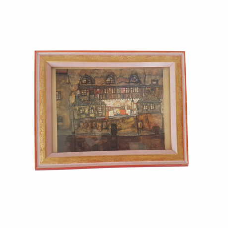 Картина винтажная "Стена дома у реки" Egon Schiele, деревянная рама, 22 x 17 см, Германия, 1960-70гг.