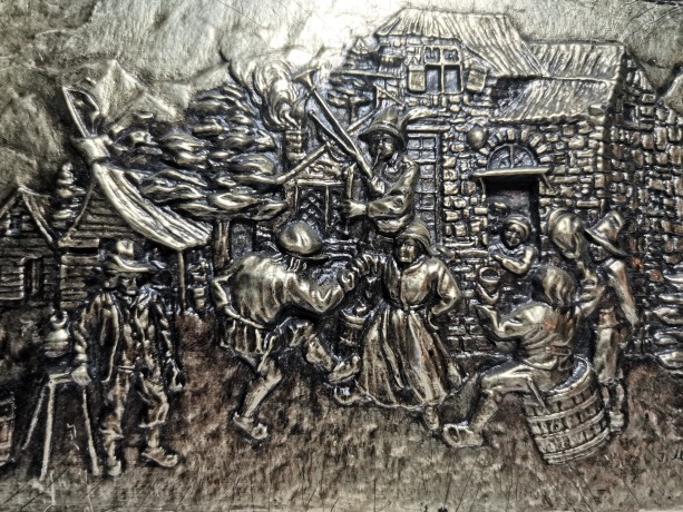 German Panno, Картина-панно оловянная в деревянной раме "Деревенские пляски", 26см х 20 см х 3 см, Германия 1960г.