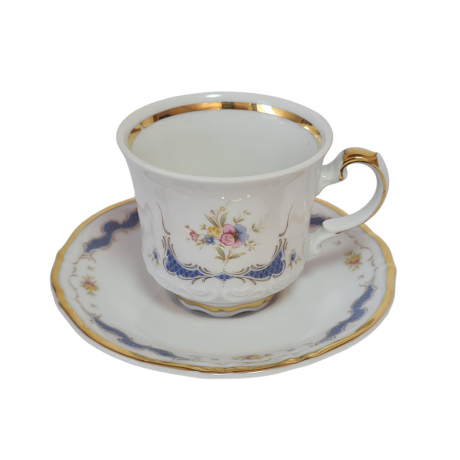 Чайная пара винтажная Mitterteich Bavaria, белый фарфор с ярко-синим цветочным декором и позолотой, 8,5 x 6 см /12 см, Германия, 1960-70гг.