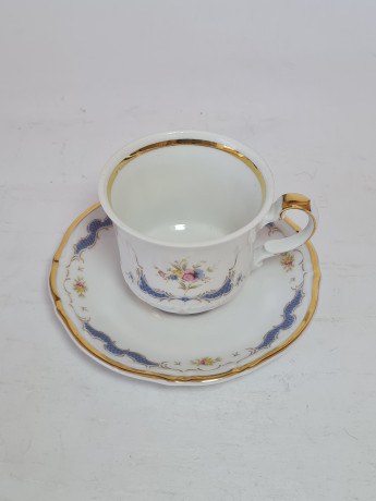 Чайная пара винтажная Mitterteich Bavaria, белый фарфор с ярко-синим цветочным декором и позолотой, 8,5 x 6 см /12 см, Германия, 1960-70гг.