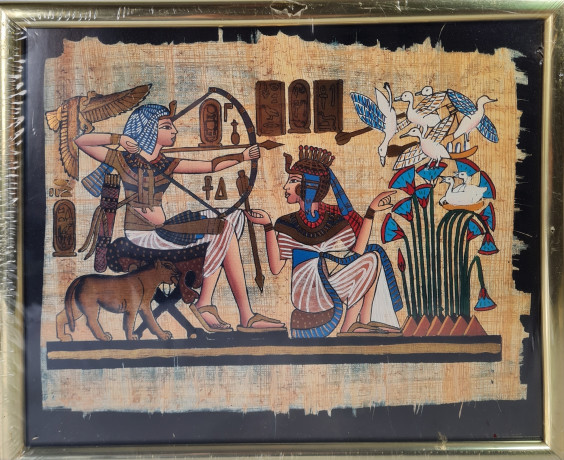 Папирус винтажный в раме, яркие краски с золочением, в раме, 32 х 26 см, Египет, 1990-2000гг.