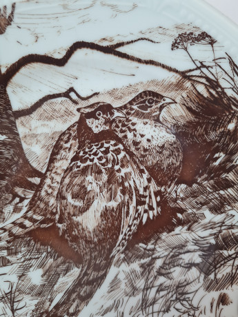 Тарелка декоративная Inglazed Czechoslovakia, белый фарфор с рисунком в коричневых тонах "Птицы", 24,5 x 3 см, Чехословакия, 1970-80гг.