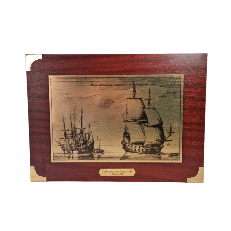 Панно винтажное с изображением голландского парусника 1657 г., дерево / медь, 40 х 29.5 см, Германия, 1970-80гг.