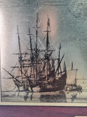 Панно винтажное с изображением голландского парусника 1657 г., дерево / медь, 40 х 29.5 см, Германия, 1970-80гг.