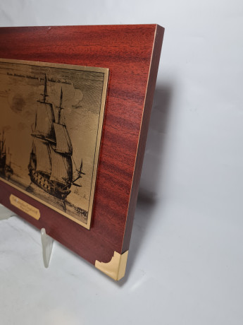 Панно винтажное с изображением голландского парусника 1657 г., дерево / медь, 40 х 29.5 см, Германия, 1970-80гг.