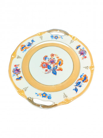 Блюдо винтажное Schumann Bavaria "Лютики"с ручками, сине-оранжевый цветочный декор, с позолотой, фарфор, 26 см, Германия, 1960-70гг.
