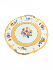 Блюдо винтажное Schumann Bavaria &quot;Лютики&quot;с ручками, сине-оранжевый цветочный декор, с позолотой, фарфор, 26 см, Германия, 1960-70гг.