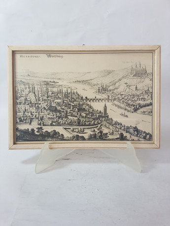 Картина винтажная "Вид на Вюрцбург и крепость Мариенберг", переплетная мастерская Альберт Вюрх Людвигсбург, 27,5 x 19 см, деревянная рама, Германия, 1950-60гг.