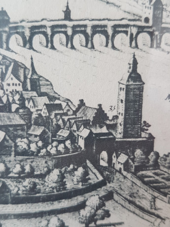 Картина винтажная "Вид на Вюрцбург и крепость Мариенберг", переплетная мастерская Альберт Вюрх Людвигсбург, 27,5 x 19 см, деревянная рама, Германия, 1950-60гг.