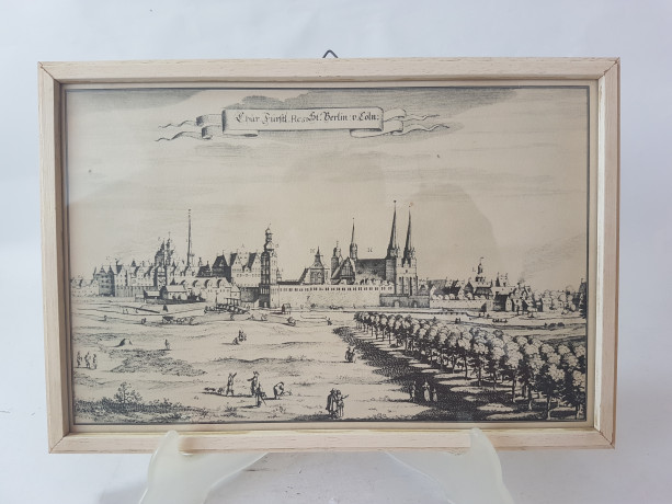 Картина винтажная "Вид на Берлин", переплетная мастерская Альберт Вюрх Людвигсбург, 27,5 x 19 см, деревянная рама, Германия, 1950-60гг.