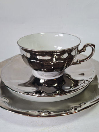 Чайное трио винтажное Kronester Bavaria, серебристо-белый фарфор, Германия, 1960-1970гг.