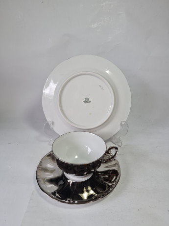 Чайное трио винтажное Kronester Bavaria, серебристо-белый фарфор, Германия, 1960-1970гг.