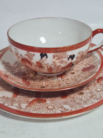 Чайное трио винтажное, традиционный стиль, красный декор, фарфор, Китай, 1960-70гг.