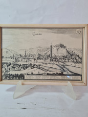 Картина винтажная &quot;Вид на город Ландсбут&quot;, переплетная мастерская Альберт Вюрх Людвигсбург, 27,5 x 19 см, деревянная рама, Германия, 1950-60гг.