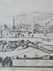 Картина винтажная &quot;Вид на город Ландсбут&quot;, переплетная мастерская Альберт Вюрх Людвигсбург, 27,5 x 19 см, деревянная рама, Германия, 1950-60гг.