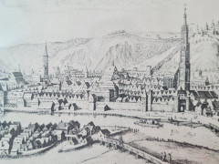 Картина винтажная &quot;Вид на город Ландсбут&quot;, переплетная мастерская Альберт Вюрх Людвигсбург, 27,5 x 19 см, деревянная рама, Германия, 1950-60гг.