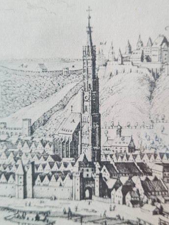 Картина винтажная "Вид на город Ландсбут", переплетная мастерская Альберт Вюрх Людвигсбург, 27,5 x 19 см, деревянная рама, Германия, 1950-60гг.