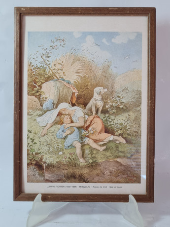 Картина винтажная "Полуденный отдых" Людвейг Рихтер, деревянная рама, 23 x 31,5 см, Германия, 1970-80гг.