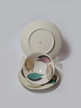 Z & Co Tirschenreuth Bavaria Винтажное чайное трио "Абстракция" с разноцветным рисунком позолоченным ободком, Германия, 1960-70гг.