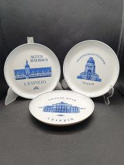 Набор декоративных винтажных тарелок Meissen "Достопримечательности Лейпцига", фарфор, 3 шт., 17.5 см, ГДР, 1970-80гг.