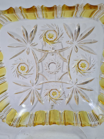 Тарелка винтажная Walther Glas Im Stil, прямоугольная, с желтым декором, стекло, 19 x 16 x 5 см, Германия, 1960-70гг.