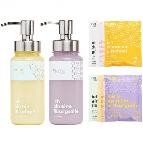 FUTURE STORIES Vorteilskit Duschgel & Flussigseifen Pulver mit allen 6 Sorten inkl. 2 Pumpspender Комплект Advantage с гелем для душа и жидким мыльным порошком всех 6 типов, включая 2 помповых дозатора.