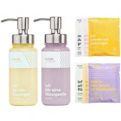 FUTURE STORIES Vorteilskit Duschgel &amp; Flussigseifen Pulver mit allen 6 Sorten inkl. 2 Pumpspender  Комплект Advantage с гелем для душа и жидким мыльным порошком всех 6 типов, включая 2 помповых дозатора.