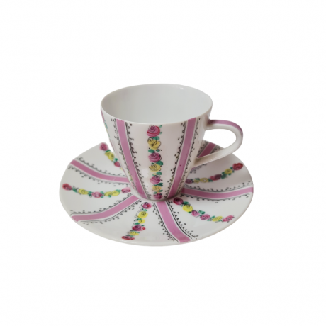 Steinbuck-Email Винтажная чайная пара "Цветы в розовом на белом фоне", Австрия, 1970-80гг.