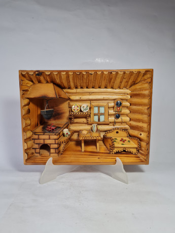 Панно-румбокс винтажное объемное "Комната в бревенчатой хате", Сувенир Скава, дерево, детализация, 27.5 х 21 х 5.5 см, Польша, 1980-90гг.