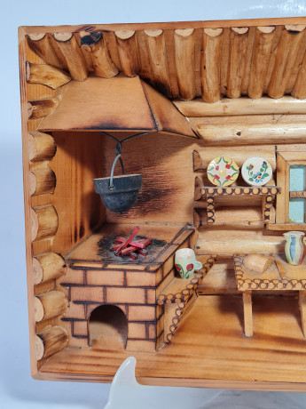 Панно-румбокс винтажное объемное "Комната в бревенчатой хате", Сувенир Скава, дерево, детализация, 27.5 х 21 х 5.5 см, Польша, 1980-90гг.