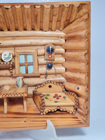 Панно-румбокс винтажное объемное "Комната в бревенчатой хате", Сувенир Скава, дерево, детализация, 27.5 х 21 х 5.5 см, Польша, 1980-90гг.