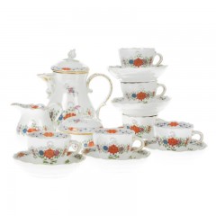Meissen Meissen 'Neuer Ausschnitt - Indische Blumenmalerei zweiteilig bunt Kupferfarben mit Goldrand' Espressoservice 6 Personen 15-tlg. Мейсен "Новый вырез - индийская цветочная роспись из двух частей красочные цвета меди с золотым ободком" эспрессо сер