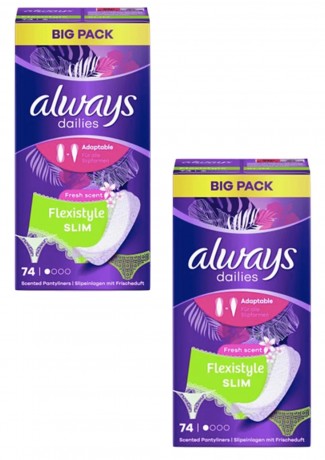 always Slipeinlage Flexistyle Slim Fresh BigPack 74 St, Прокладки Ежедневные тонкие Flexistyle с ароматом свежести 74 штуки, 2 упаковки (148 штук)