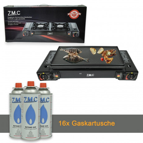 ZMC ZMC Gaskocher 2in1 Campingkocher mit Grillplatte 2 Flammig + 16x Gaskartuschen 227g, (mit Piezozundung Grill Platte Tischgrill Doppel Gasbrenner Gasgrill Kochfeld mit LPG Anschluss Warmeleistung: 2,3KW), Outdoor Camping Gas Kocher Butan Gas Gaskocher