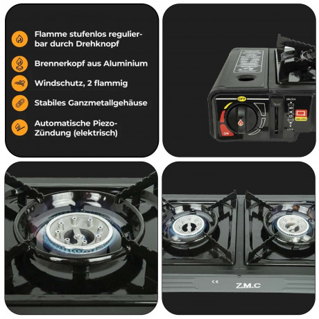 ZMC ZMC Gaskocher 2in1 Campingkocher mit Grillplatte 2 Flammig + 16x Gaskartuschen 227g, (mit Piezozundung Grill Platte Tischgrill Doppel Gasbrenner Gasgrill Kochfeld mit LPG Anschluss Warmeleistung: 2,3KW), Outdoor Camping Gas Kocher Butan Gas Gaskocher