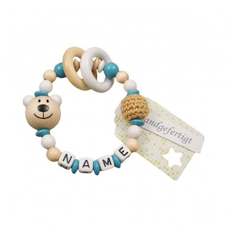 kleinerStorch Greifling mit Name – Madchen  Jungen Beissring personalisiert – Holz Rassel Bar weiss turkis Игрушка-клатч с именем