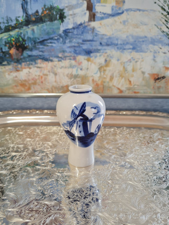 Delft Blue Holland Ваза с синим цветочным декором, ручная роспись, дельфтский фарфор, 9 x 5 см, Голландия, 1960-70гг.