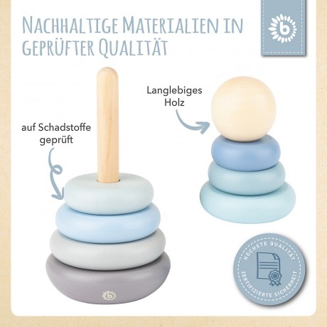 bieco Baby Stapelturm Holz Baustein Pastell 19cm Motorik Steckspiel ab 1 Steckpyramide Stapelspielzeug Детская башня для штабелирования