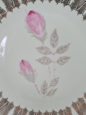 Чайное трио винтажное Im Stil Winterling Marktleuthen Bavaria "Розовые розы в золотом орнаменте", фарфор, Германия, 1960-70гг.