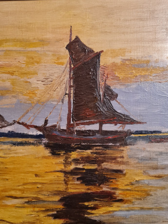 Картина винтажная "Корабли в море на закате", масло, в раме, большой формат, 66 х 45 см, Германия, 1980-90гг.