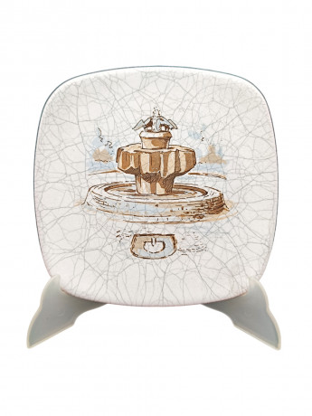 Тарелка декоративная винтажная Karlsruhe, с изображением фонтана, кракелюр, ручная роспись, 18.5 х 18.5 см, Германия, 1970-80гг.