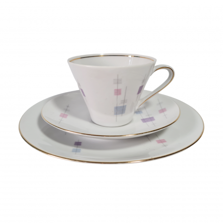 Сервиз чайный винтажный Schumann Arzberg Bavaria на 4 персоны, в пастельных тонах, фарфор, чайное трио - 4 шт., молочник, сахарница, Германия, 1970-80гг.