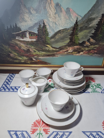 Сервиз чайный винтажный Schumann Arzberg Bavaria на 4 персоны, в пастельных тонах, фарфор, чайное трио - 4 шт., молочник, сахарница, Германия, 1970-80гг.