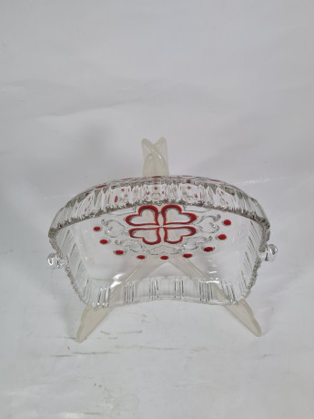 Блюдо сервировочное винтажное Anna Hutte с красным декором, квадратная форма, хрусталь, 19 х 16.5 см, Германия, 1960-70гг.