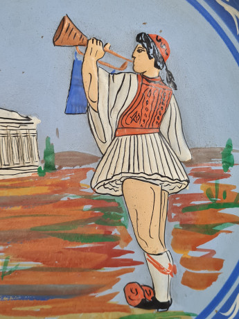 Тарелка декоративная винтажная, синяя керамика в греческом стиле, 28 x 3 см, Греция, 1970-80гг.