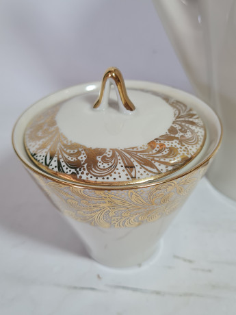 Набор для чая винтажный Johann Seltmann Vahenstrauß Bavaria / 56er с золотым узором, чайник, молочник, сахарница, фарфор, Германия, 1960-70гг.