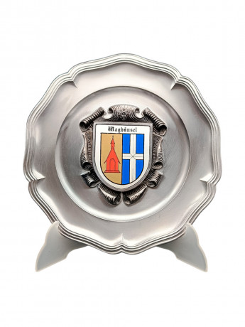 Тарелка декоративная винтажная "Герб города Вагхойзель" / Серия "Геральдика", яркий декор, олово (95%), 23 см, Германия, 1970-80гг.